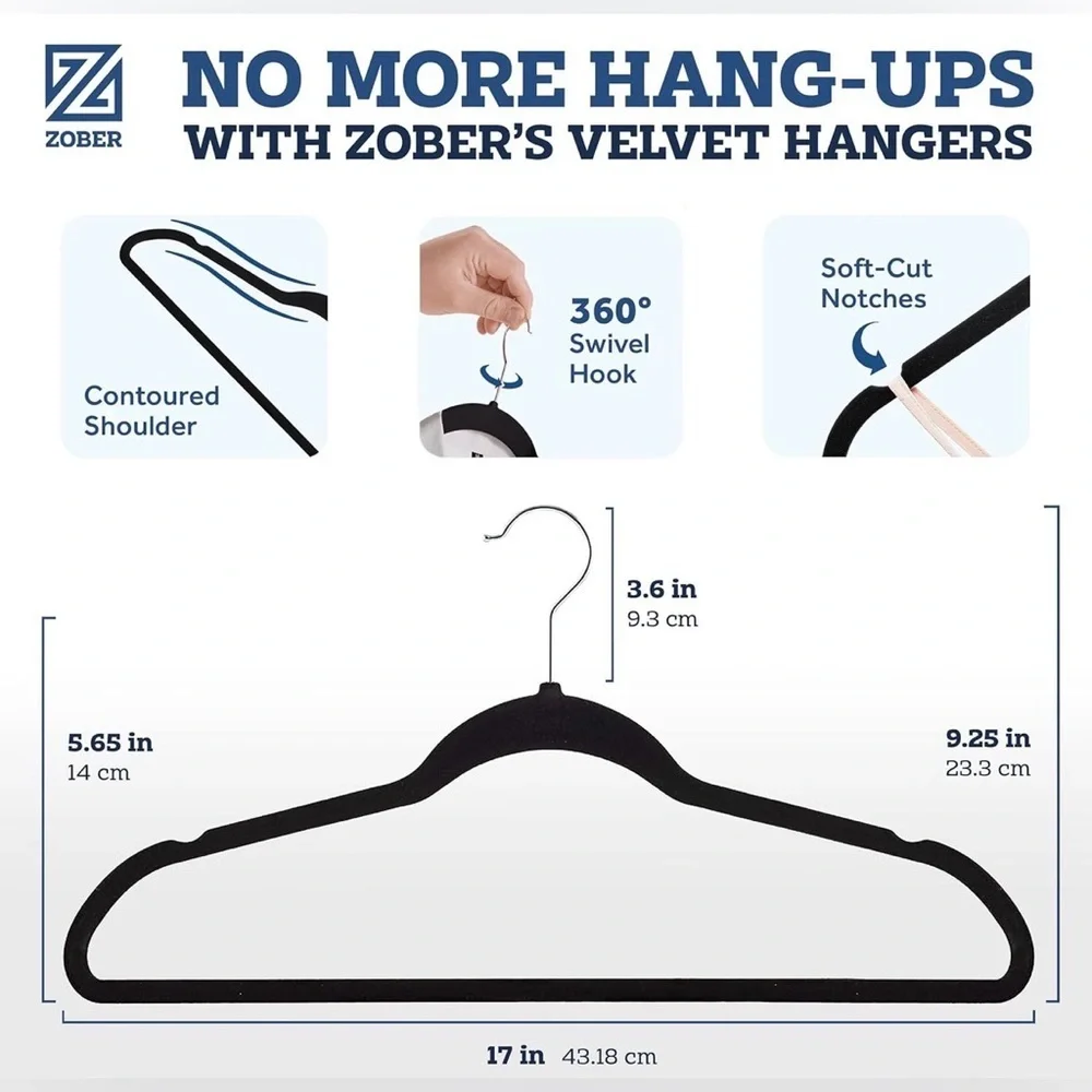 Zober Black Velvet Non-Slip Clothes Hangers | Slim Space-Saving | Box of 50